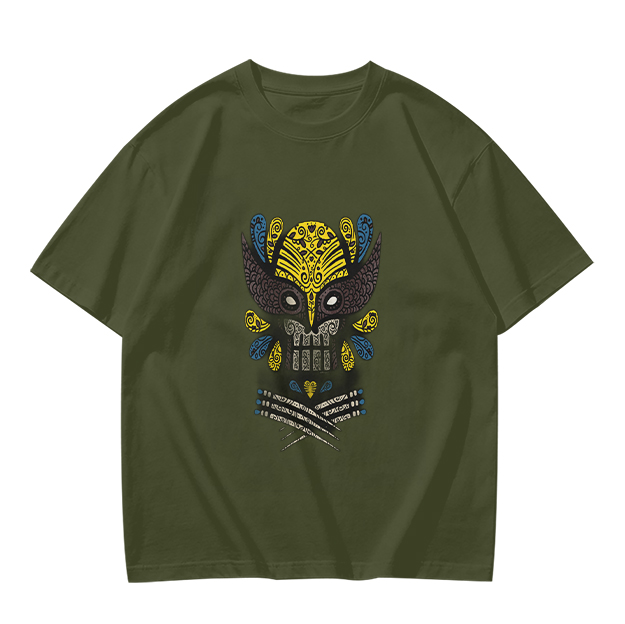 Olive T-Shirt With Ornate Skull Mask Graphic Print