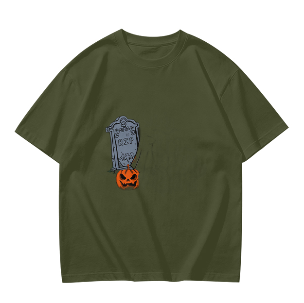 Olive Halloween Graphic T-Shirt with Tombstone and Jack-o'-Lantern