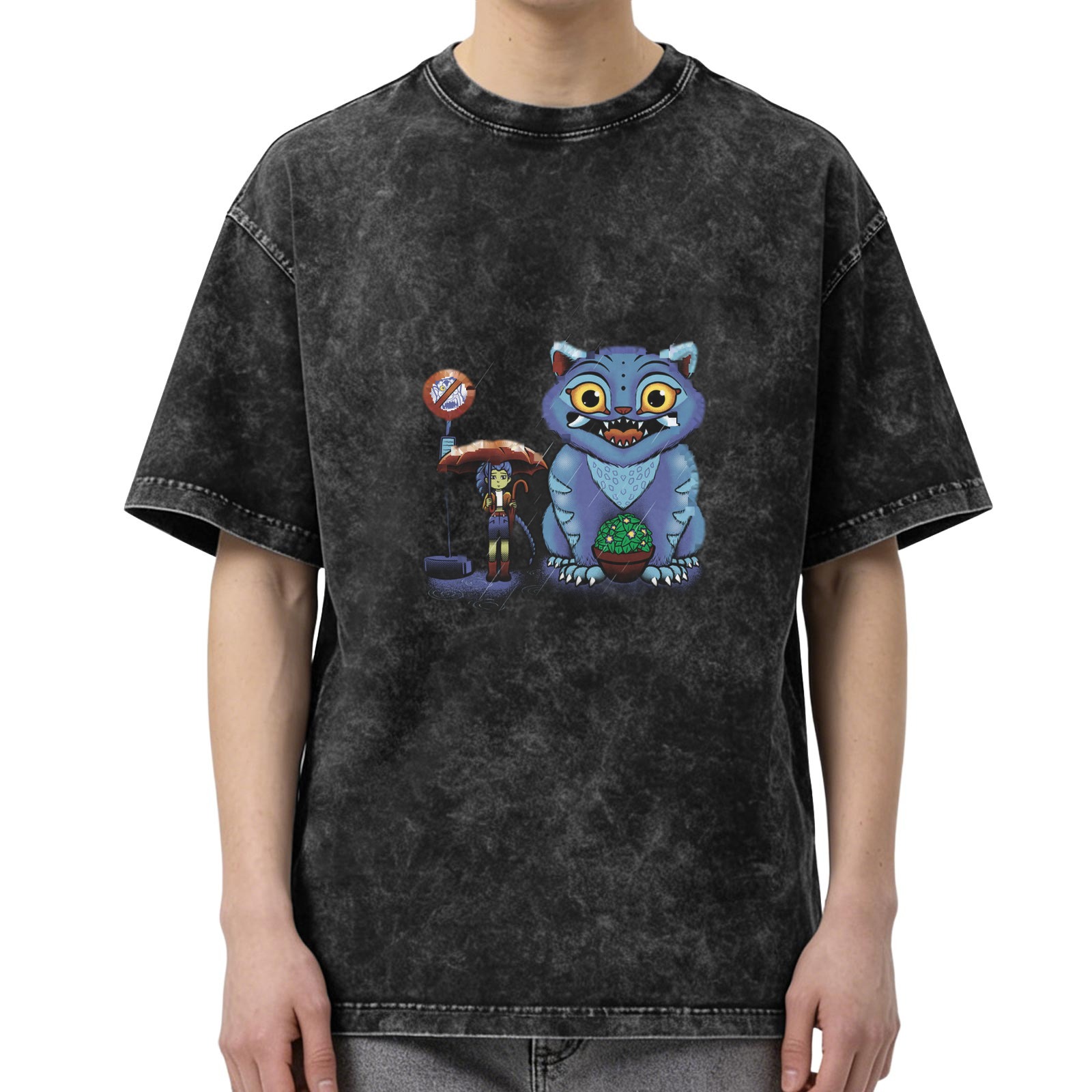 Distressed black loose short-sleeved T-shirt Cartoon blue cat monster print design Personalized trendy casual top