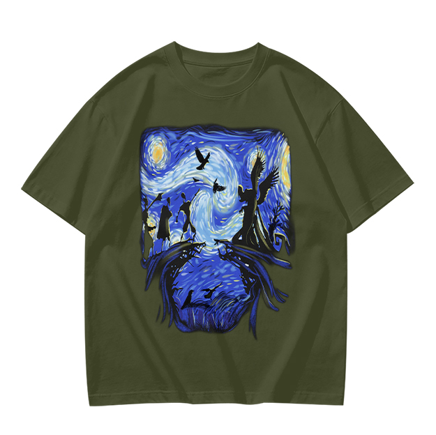 Olive T-Shirt with Starry Night Style Fantasy Art Print