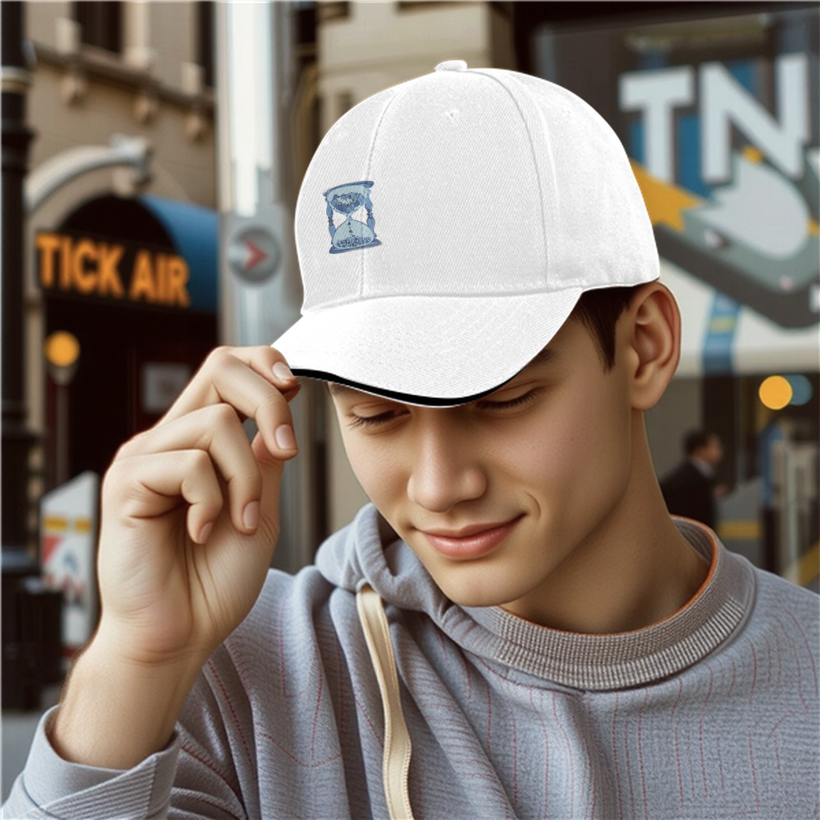 Black baseball cap with light blue hourglass graphic design