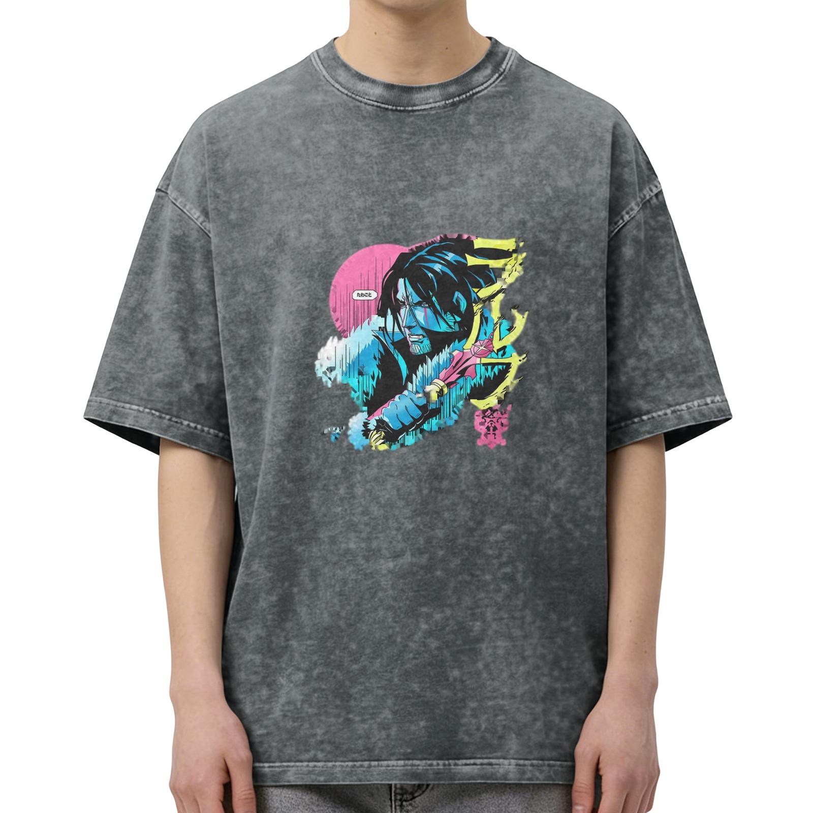 Distressed washed black loose short-sleeved T-shirt anime style character print design