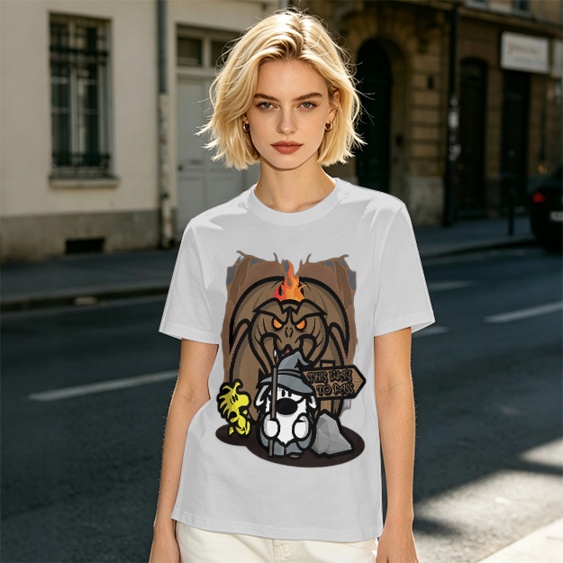 Olive t-shirt with wizard dog and dragon cave graphic