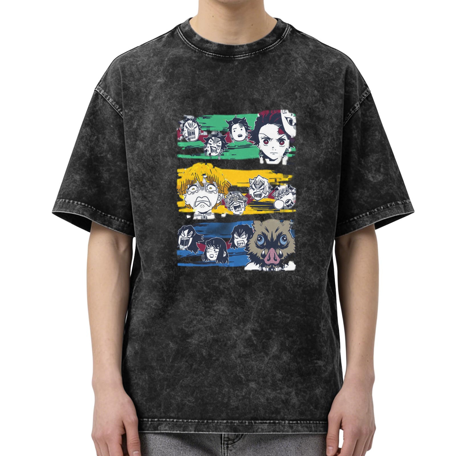 Demon Slayer Anime Character Graphic Oversized Stone Wash T-Shirt
