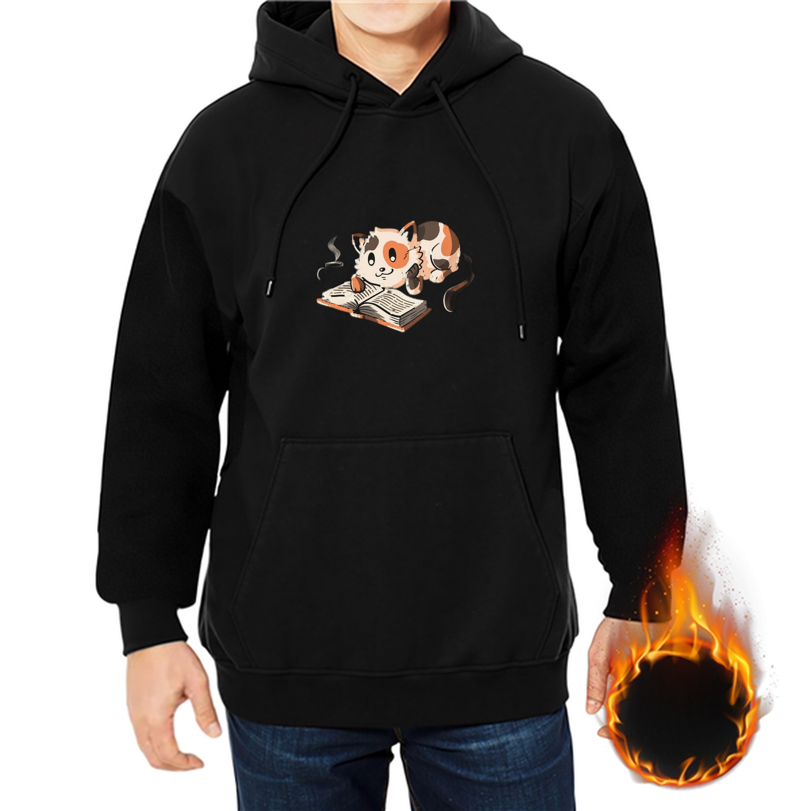 Black hoodie with a cute calico cat reading a book graphic