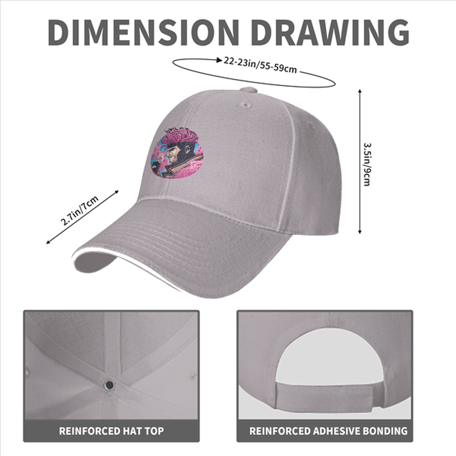 Black Baseball Cap With Pink Superhero Character Art Print