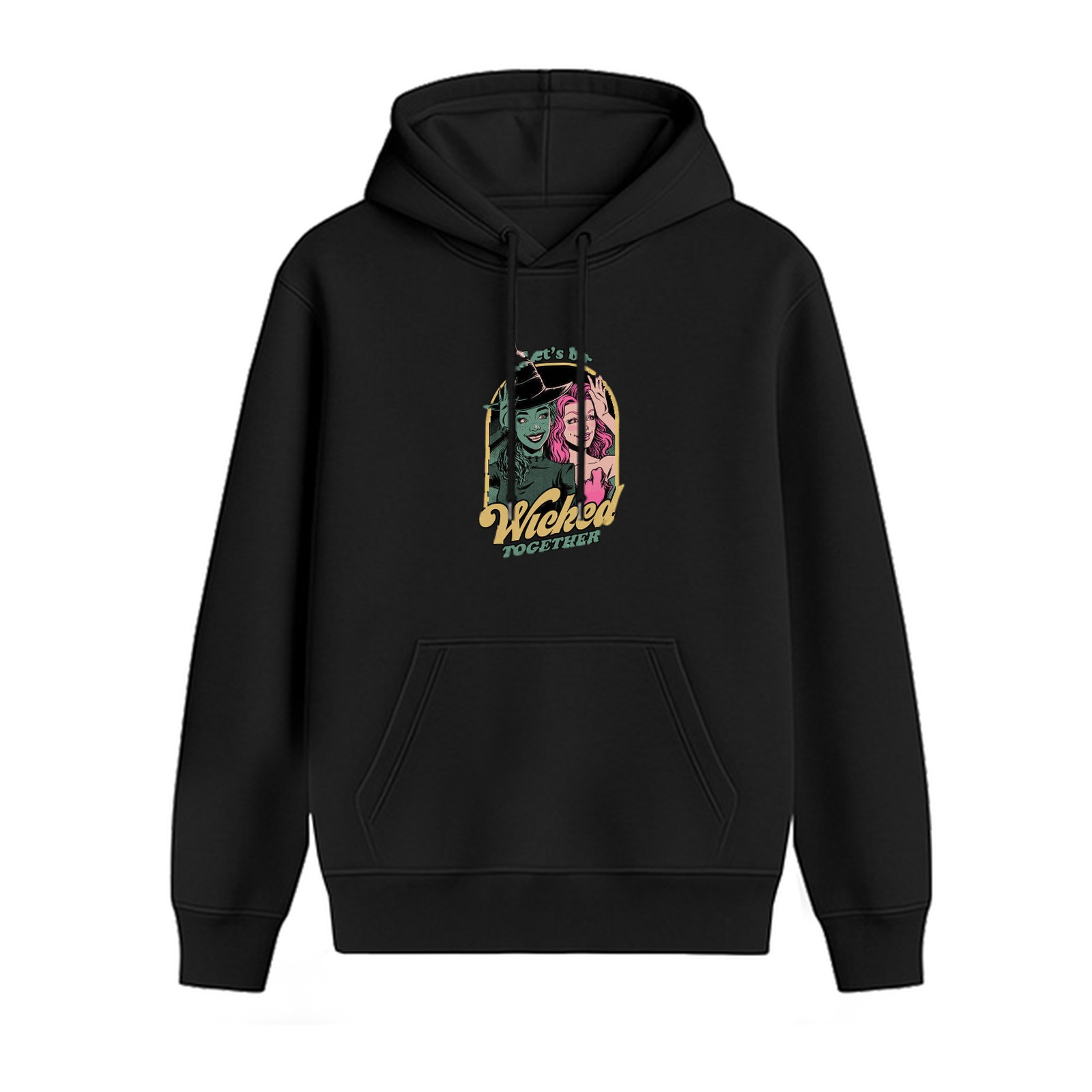 Black hoodie with Wicked Together graphic of two witches