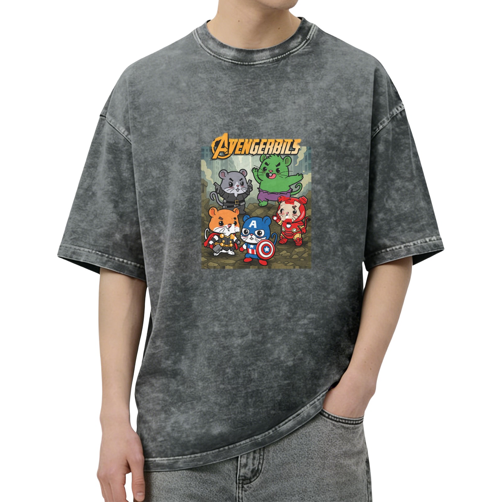 Avengerbils Hamster Superhero Graphic Acid Wash T-Shirt
