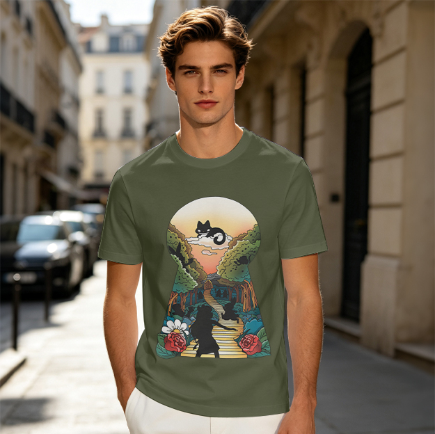 Olive T-Shirt With Keyhole Cat Forest Sunset Art Print