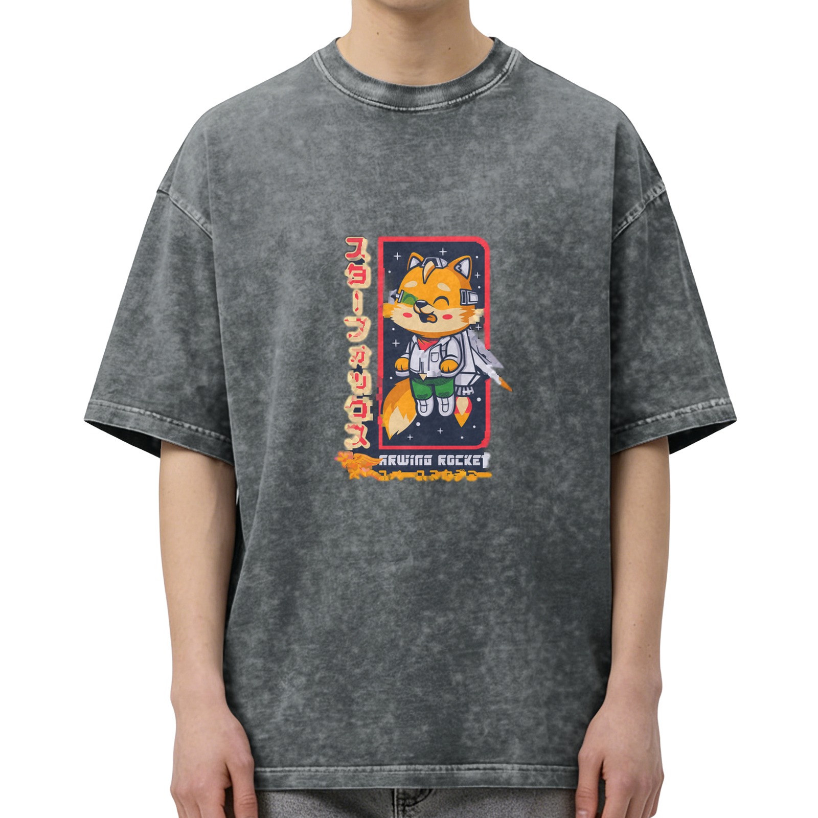 Washed black graphic t-shirt with cartoon space fox and rocket design