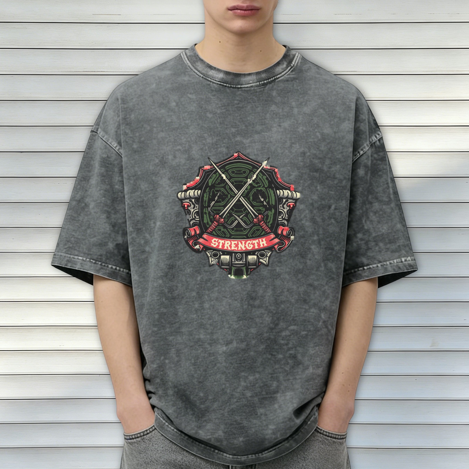 Washed Black Graphic T-Shirt With Strength Crest Design