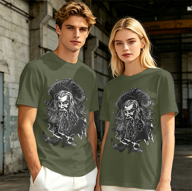 Olive T-Shirt with Wizard Smoking Pipe Fantasy Art Print