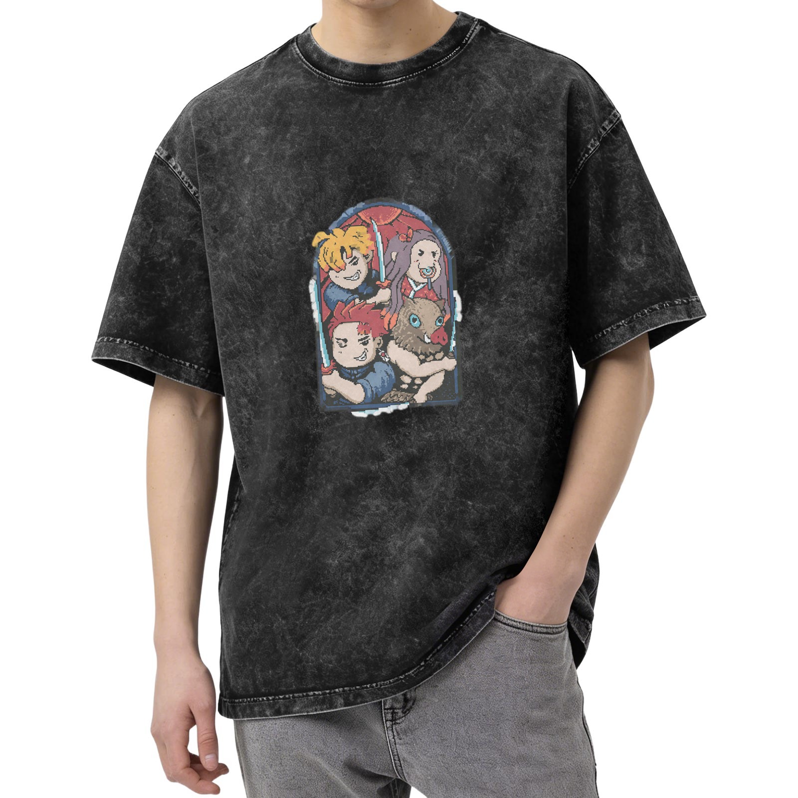 Oversized Dark Wash T-Shirt With Anime Demon Slayer Style Characters Print
