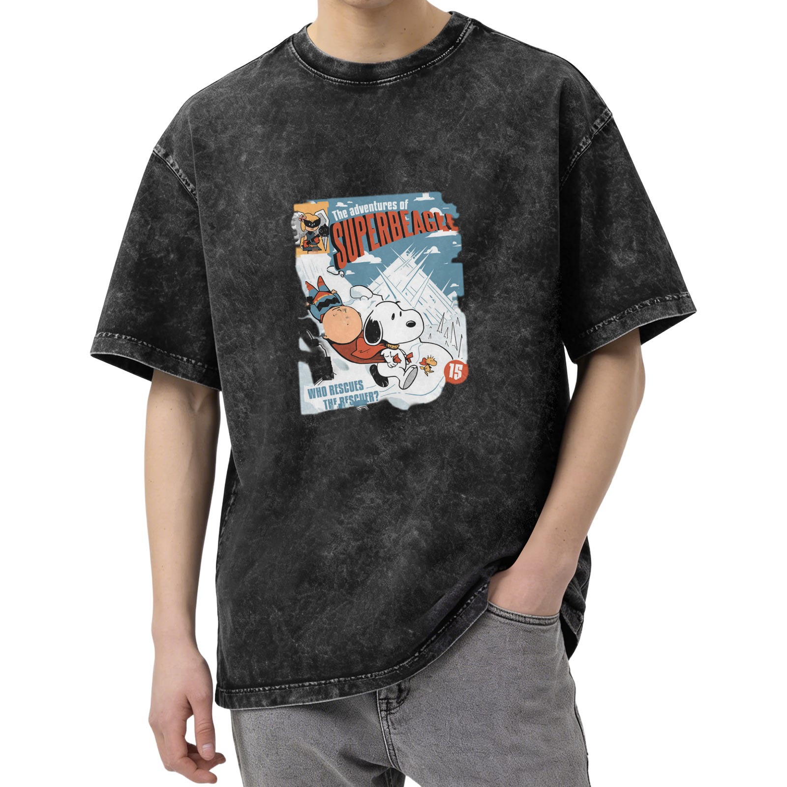 Snoopy Superbeagle Comic Print Oversized Acid Wash T-Shirt