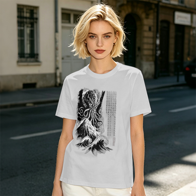 Olive T-shirt with Cthulhu and Wave Gothic Art Print