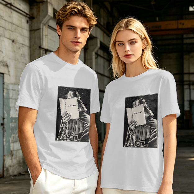 Olive T-shirt with Darth Vader reading a book graphic