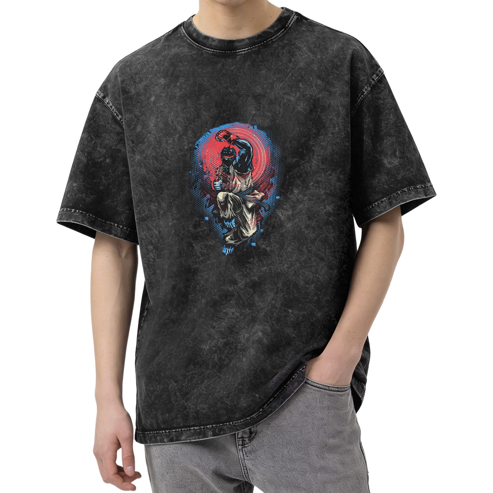 Oversized Acid Wash T-Shirt With Martial Artist Fighter Graphic