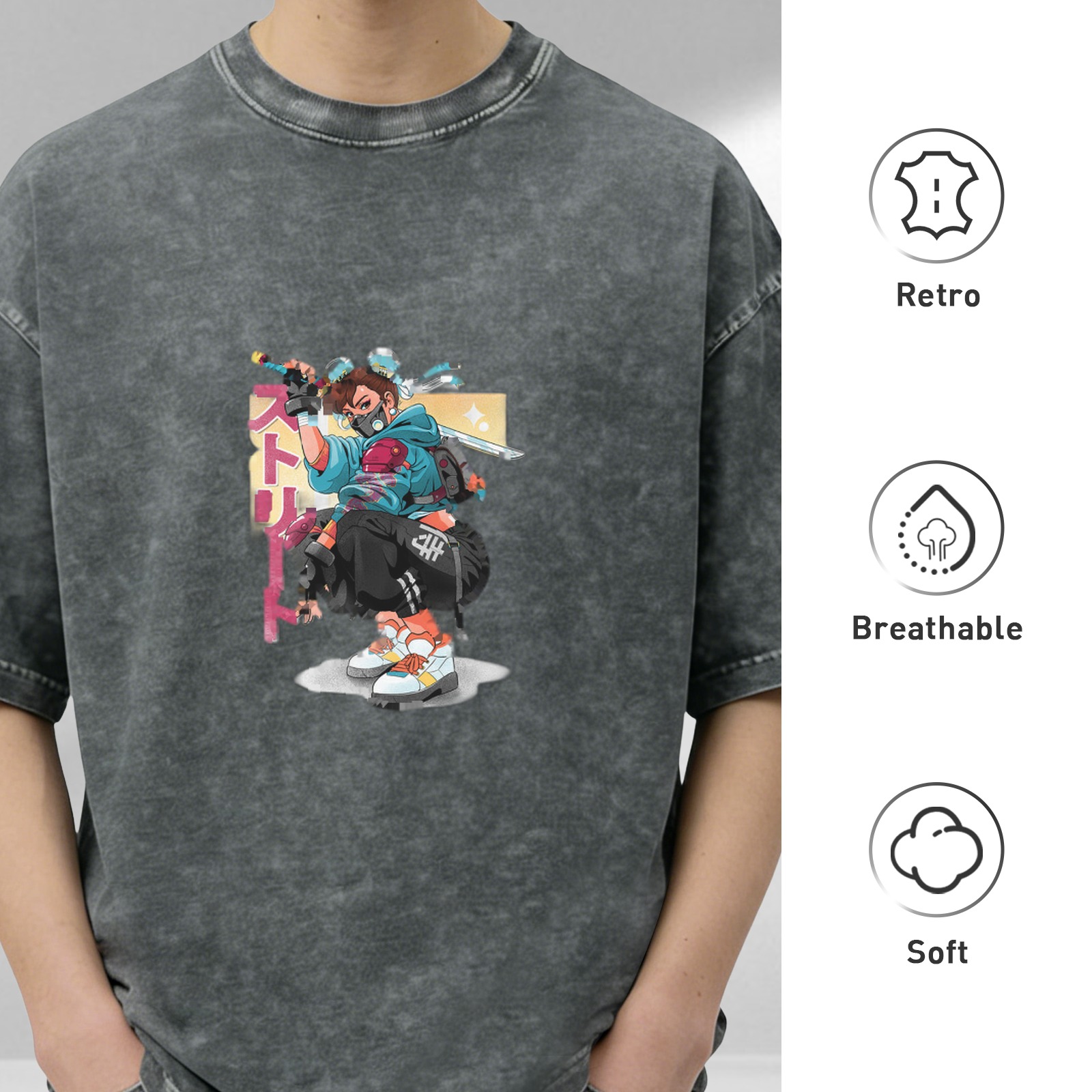 Oversized Acid Wash T-Shirt with Anime Cyberpunk Ninja Graphic