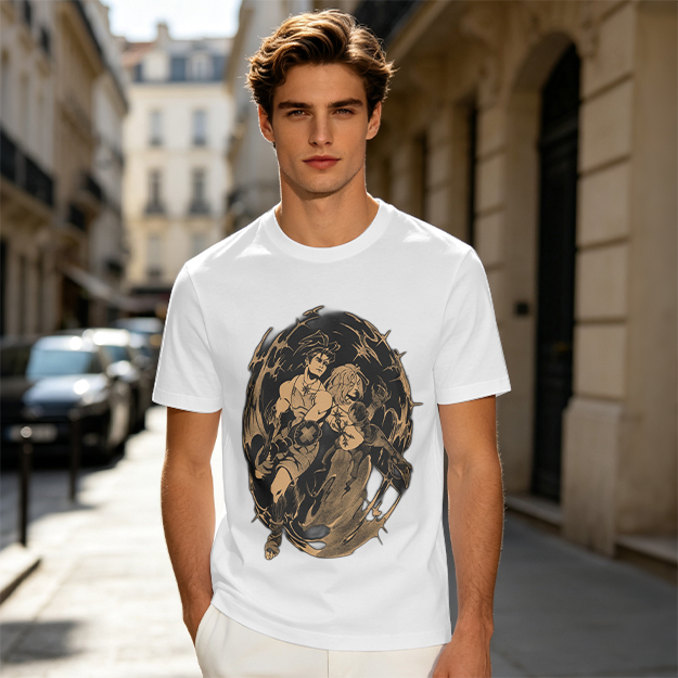 Olive Graphic Tee with Dynamic Anime Character Art Print