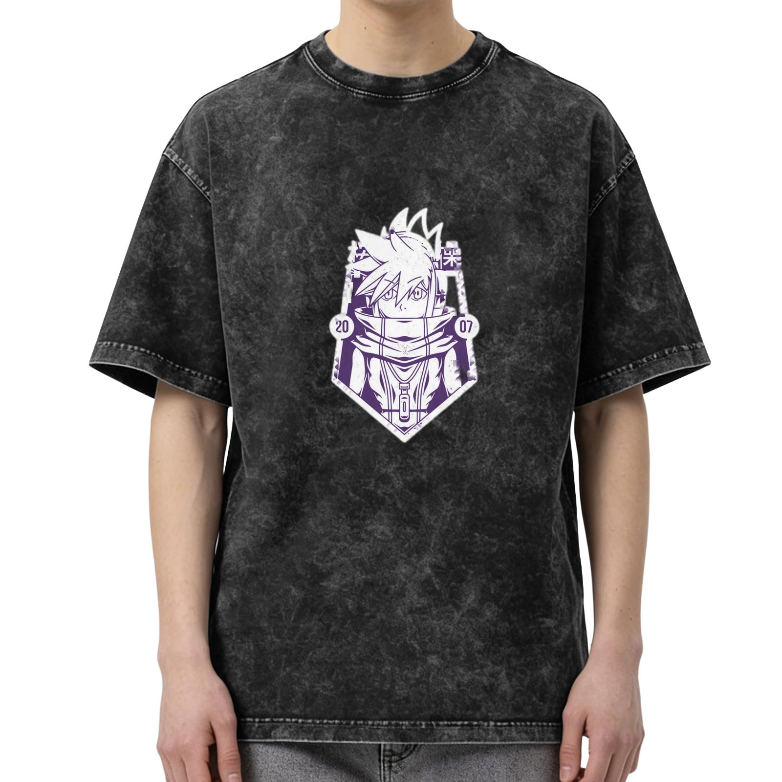 Oversized Acid Wash T-Shirt with Anime Character Graphic