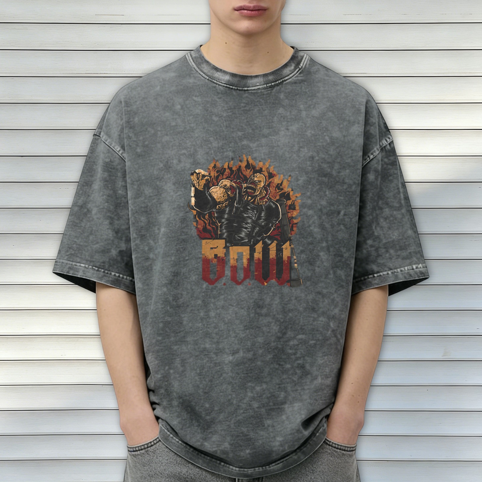 Oversized Dark Wash Graphic T-Shirt with Fiery Monster and BOW Print