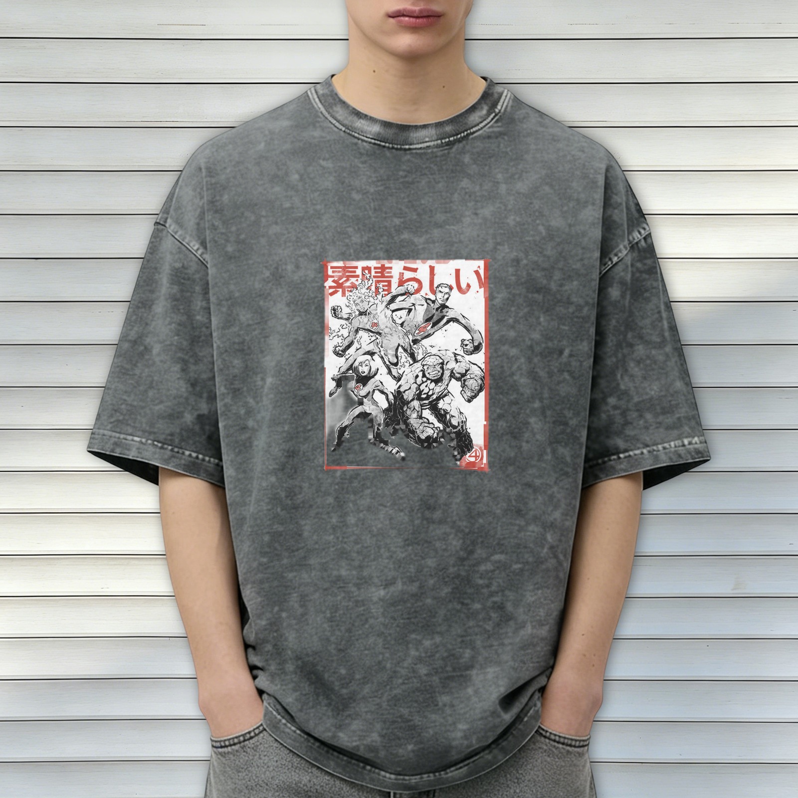Oversized faded graphic t-shirt with manga-style superhero artwork