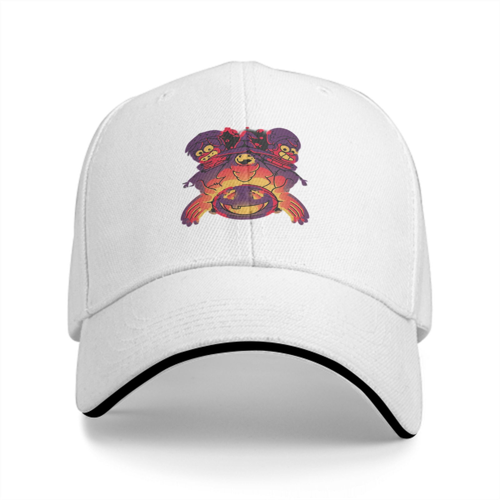 Black Baseball Cap With Halloween Witch And Ghosts Graphic