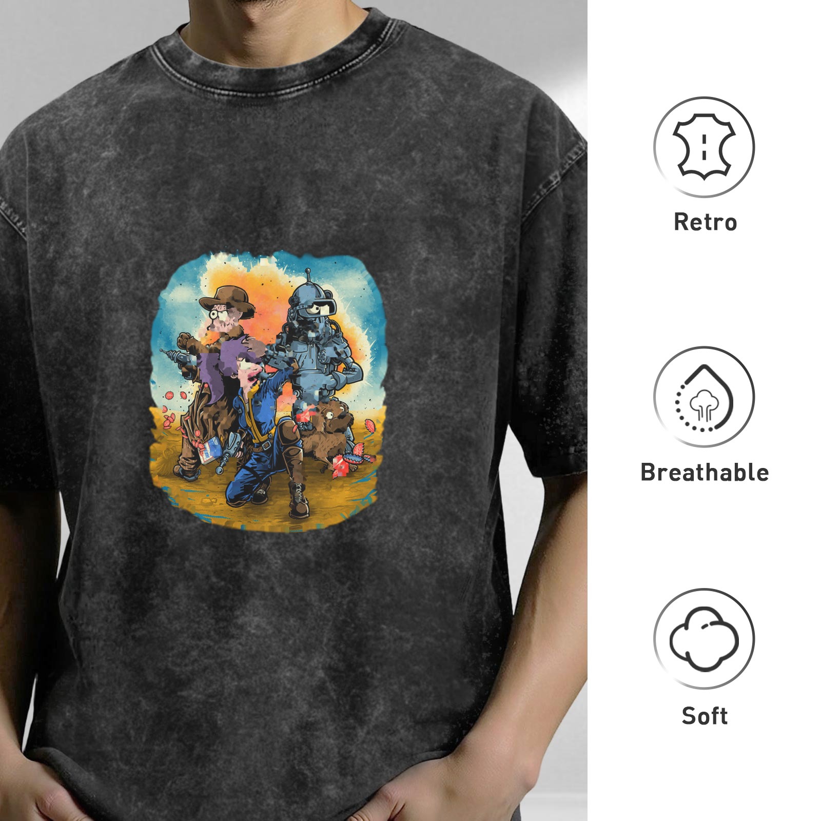 Vintage Washed Black T-Shirt with Fallout Themed Watercolor Graphic Print