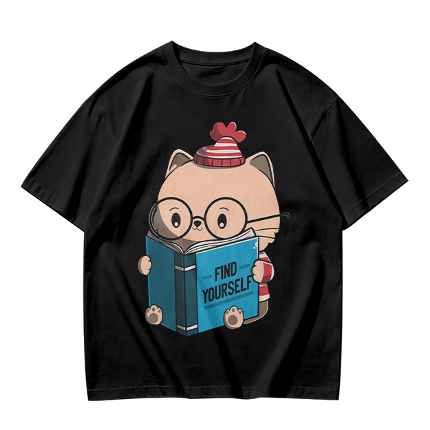 Olive T-shirt with Cute Reading Cat Graphic 'Find Yourself'