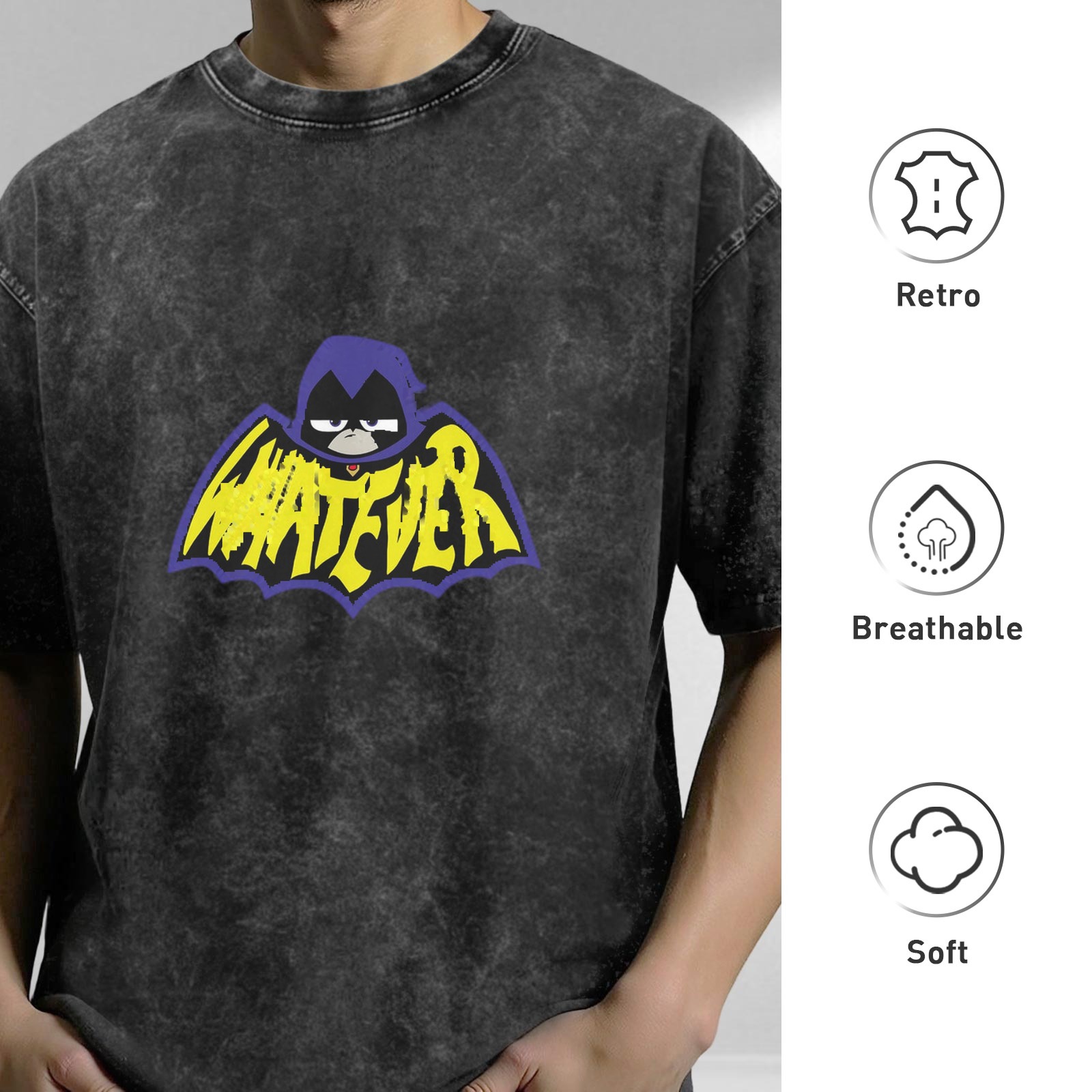 Teen Titans Raven Whatever Bat Logo Acid Wash Black T-Shirt