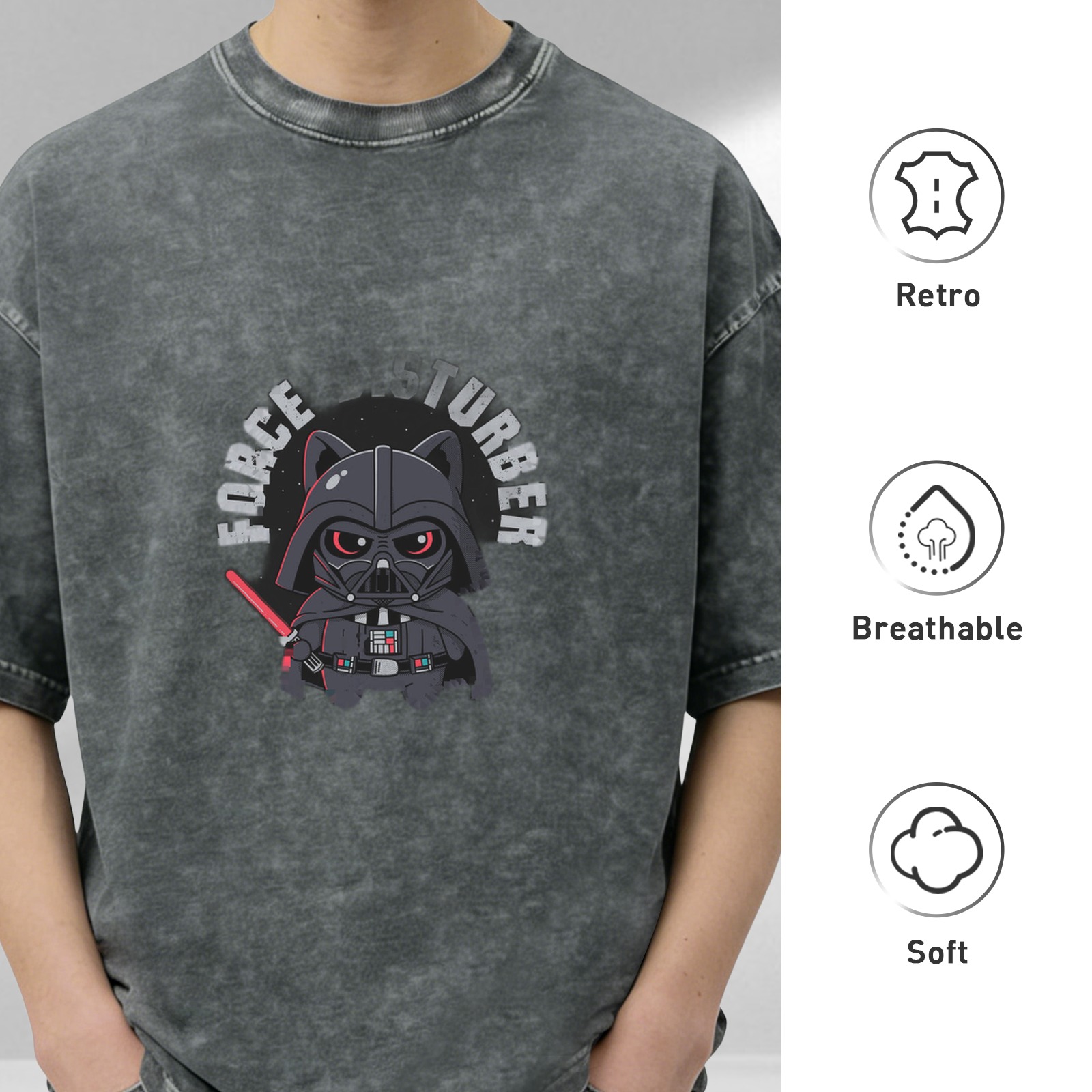 Washed Black T-Shirt with Cute Cat Darth Vader Force Disturber Graphic