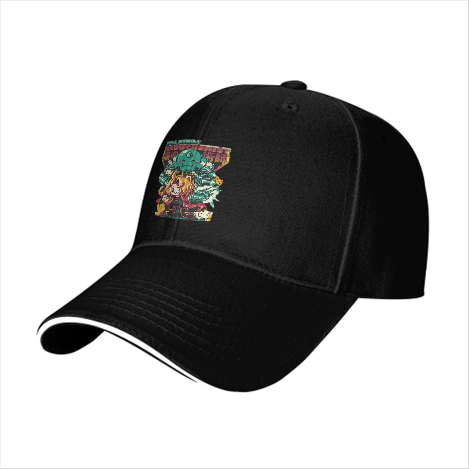 Black Baseball Cap with Anime Fantasy Creature Graphic Print