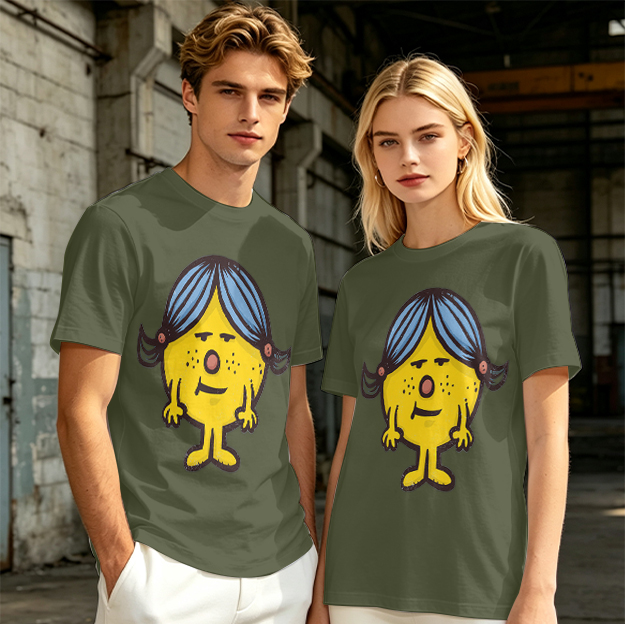 Olive Green T-Shirt With Grumpy Yellow Cartoon Girl Print