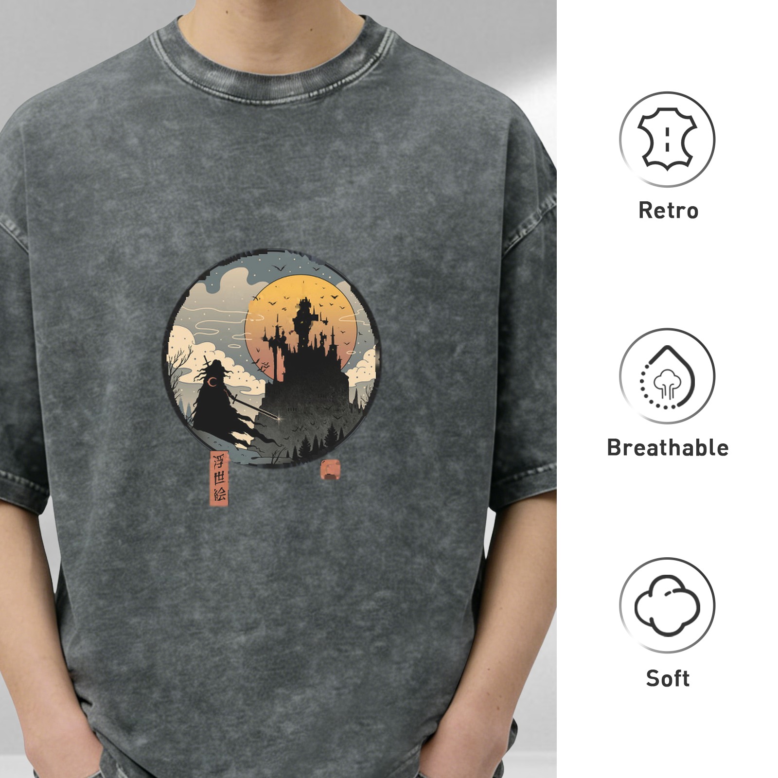 Distressed washed black round neck short-sleeved T-shirt Ukiyo-e style dark castle samurai pattern top