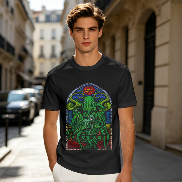 Olive T-Shirt with Cthulhu Stained Glass Style Graphic