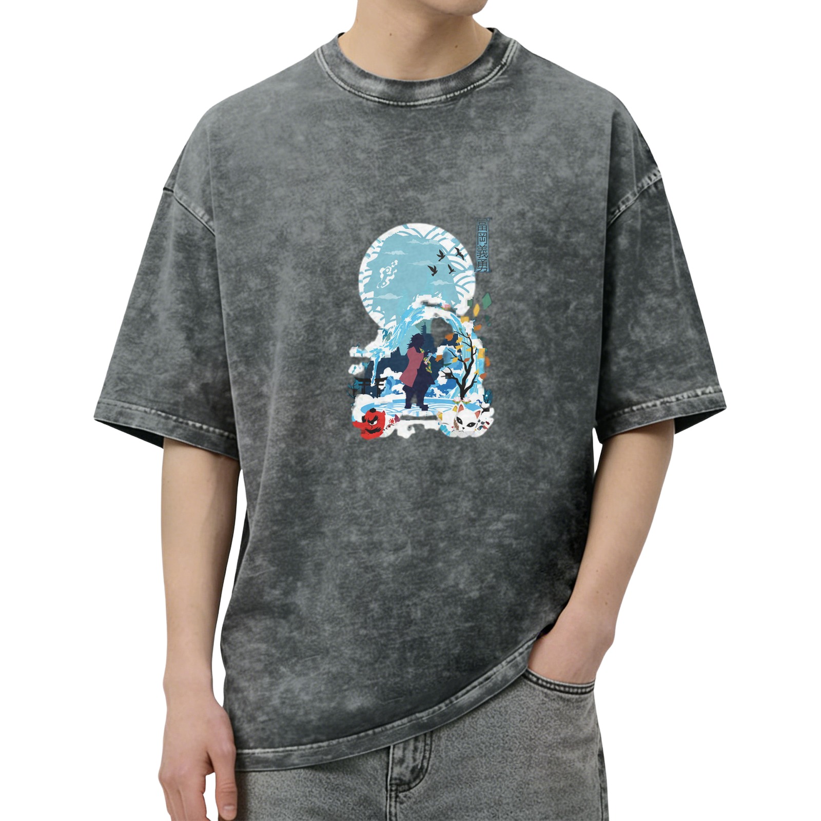 Washed Black Oversized T-Shirt With Anime Water Moon Graphic