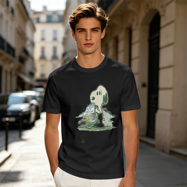 Olive T-shirt with Snoopy and Woodstock Watering Print