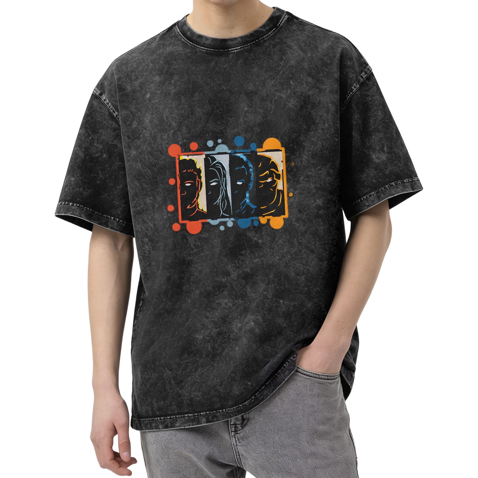 Oversized dark washed t-shirt with four stylized character faces graphic
