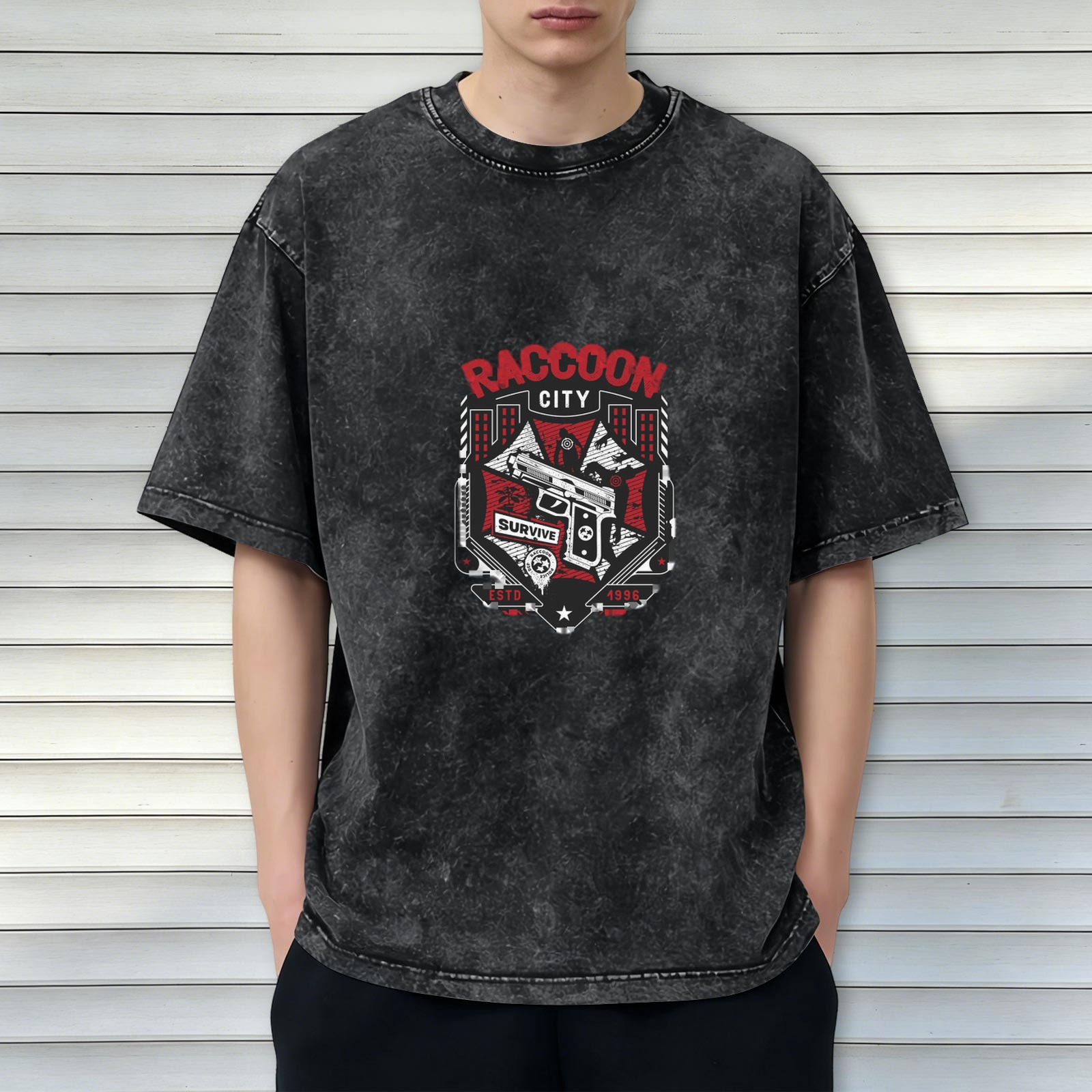 Raccoon City Survive Graphic Acid Wash Black T-Shirt
