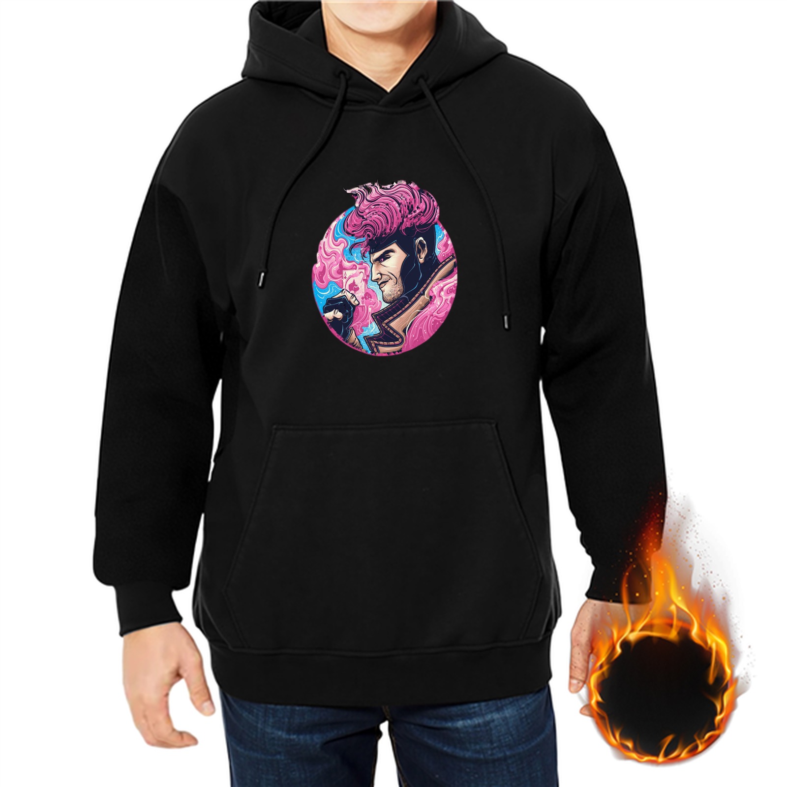Black Hoodie With Vibrant Pink Energy Character Graphic Print