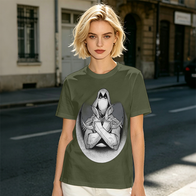 Olive T-shirt with Moon Knight Crossed Arms Graphic Print