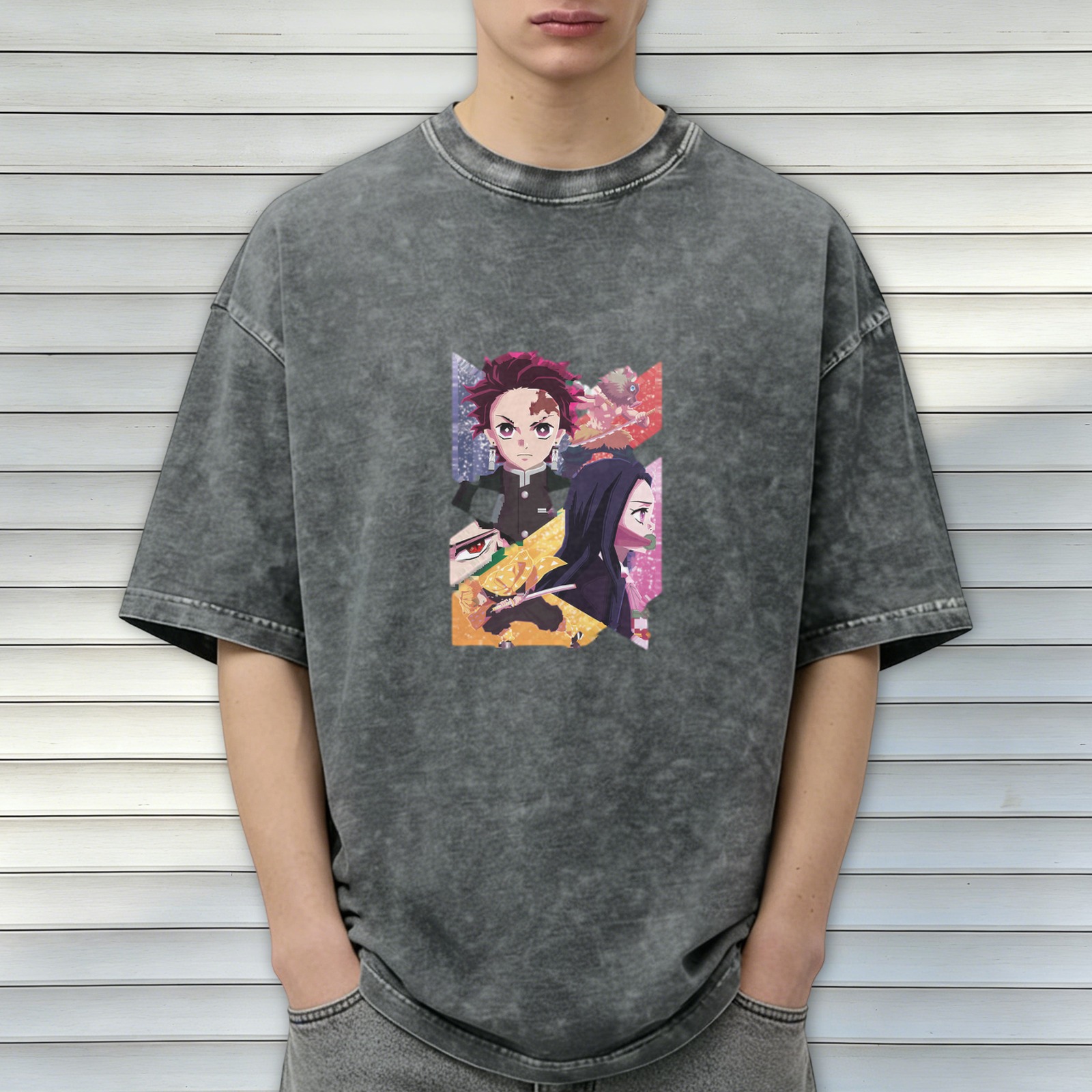 Anime Demon Slayer Tanjiro Nezuko Zenitsu Graphic Oversized Acid Wash T-Shirt for Men