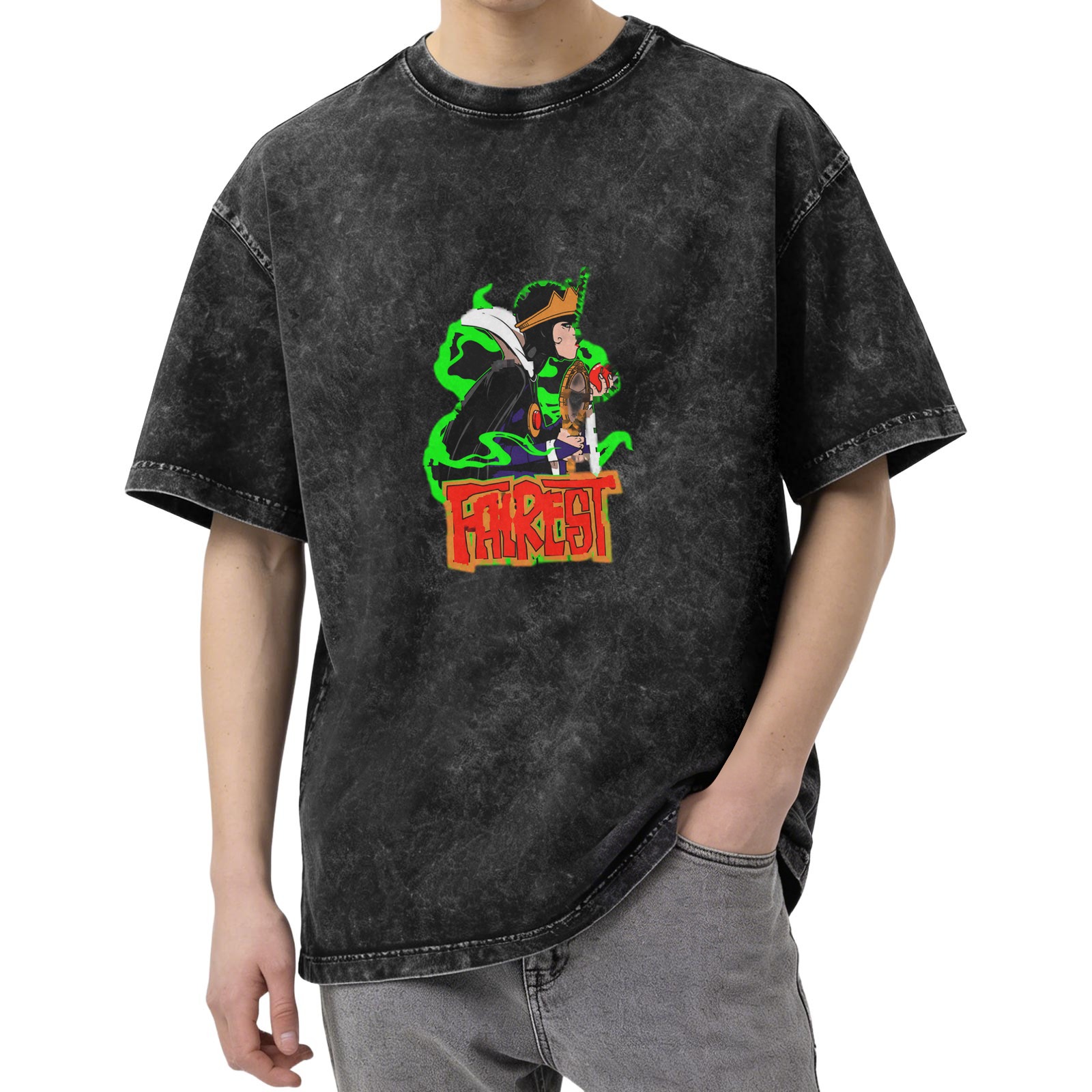 oversized acid wash graphic t-shirt with villain character and fairest text