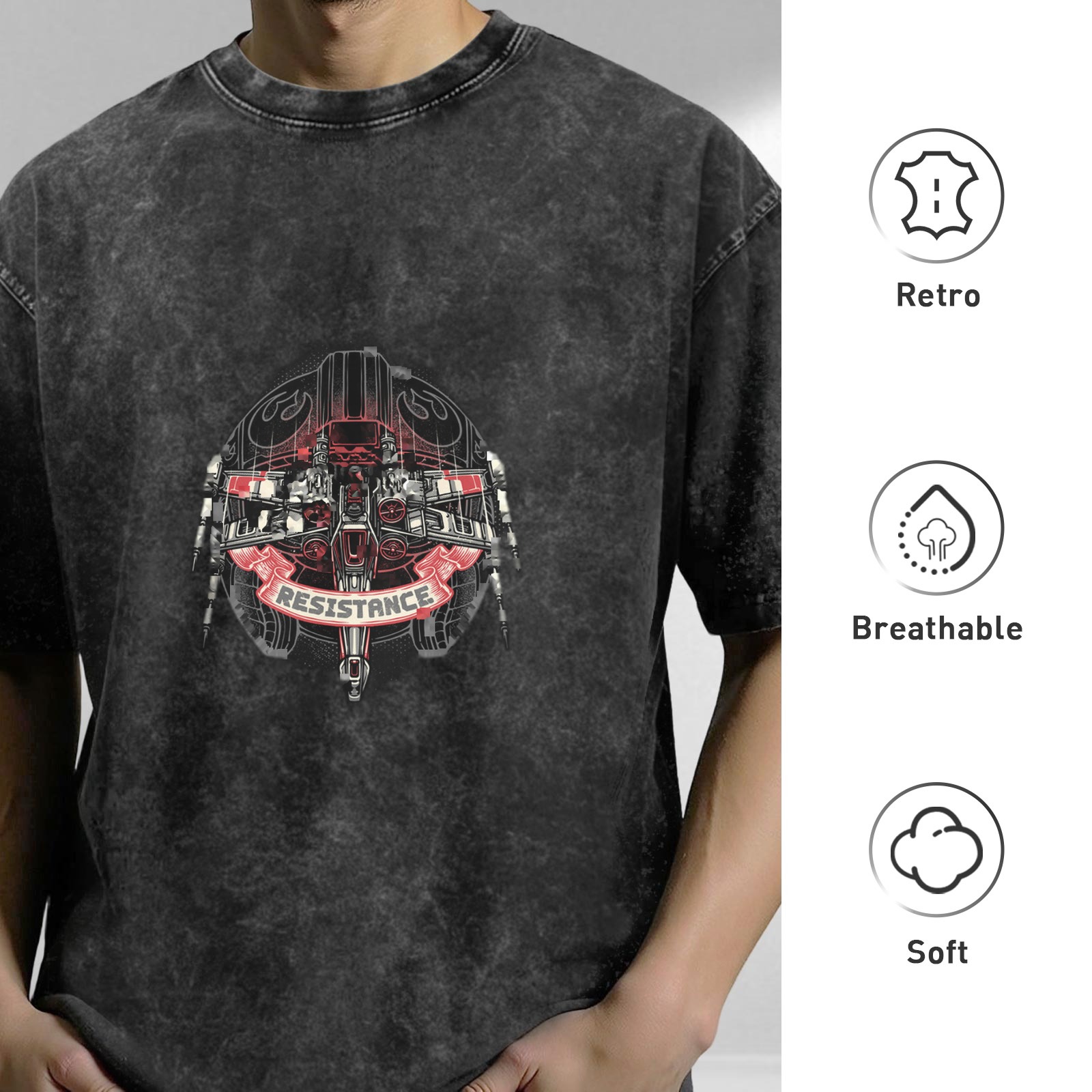 Washed Black Oversized T-Shirt With Resistance Star Wars Ship Graphic