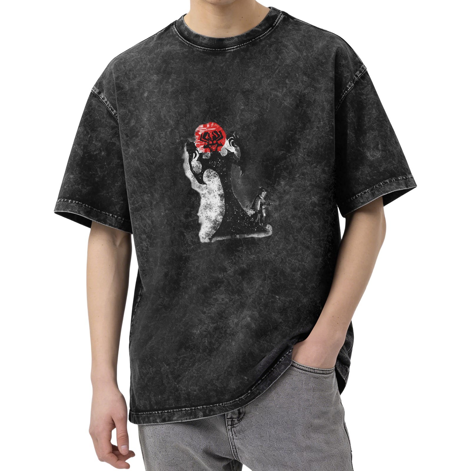 Oversized Acid Wash Graphic T-Shirt With Red Sun And Abstract Figure Print