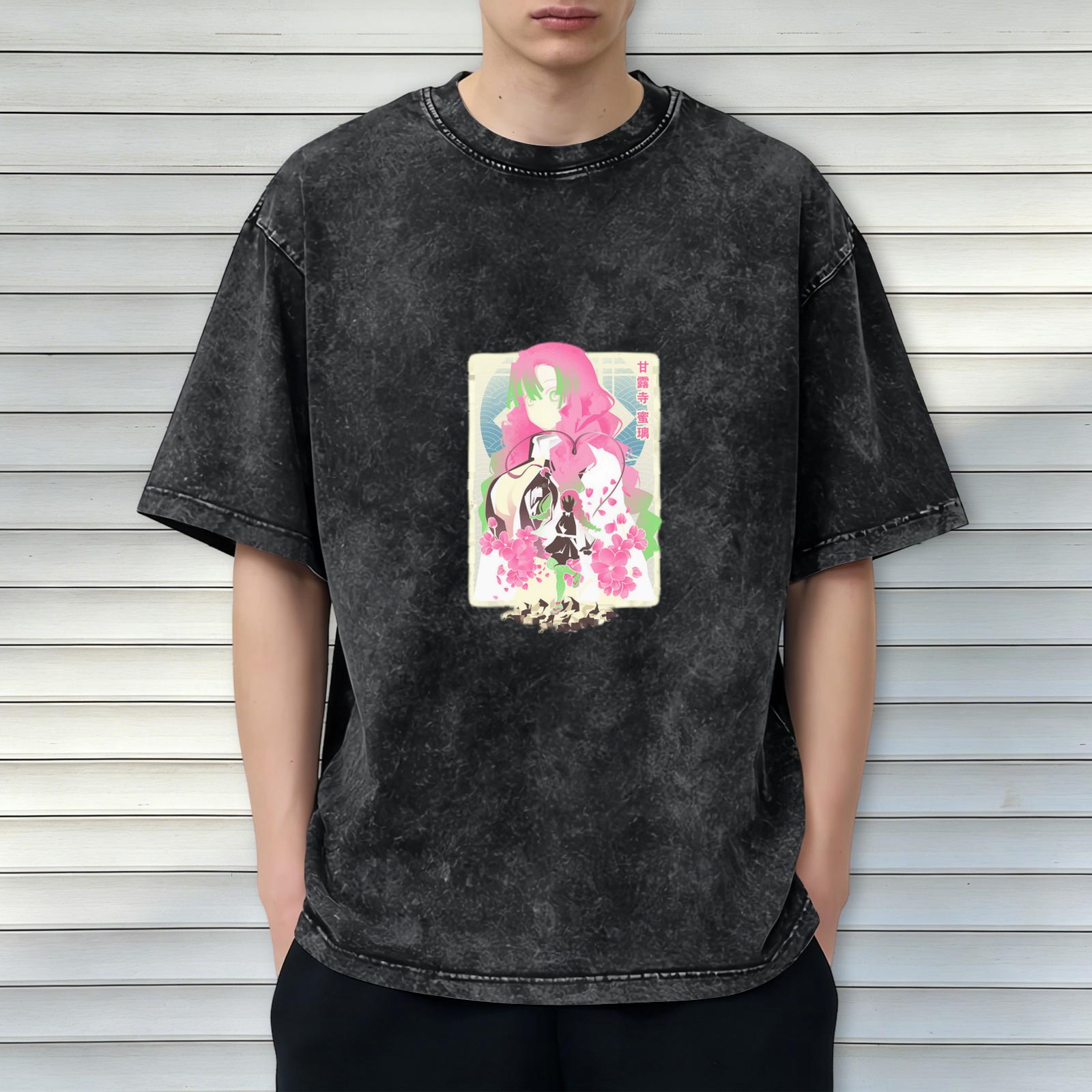 Oversized Black Acid Wash T-Shirt with Anime Character Graphic