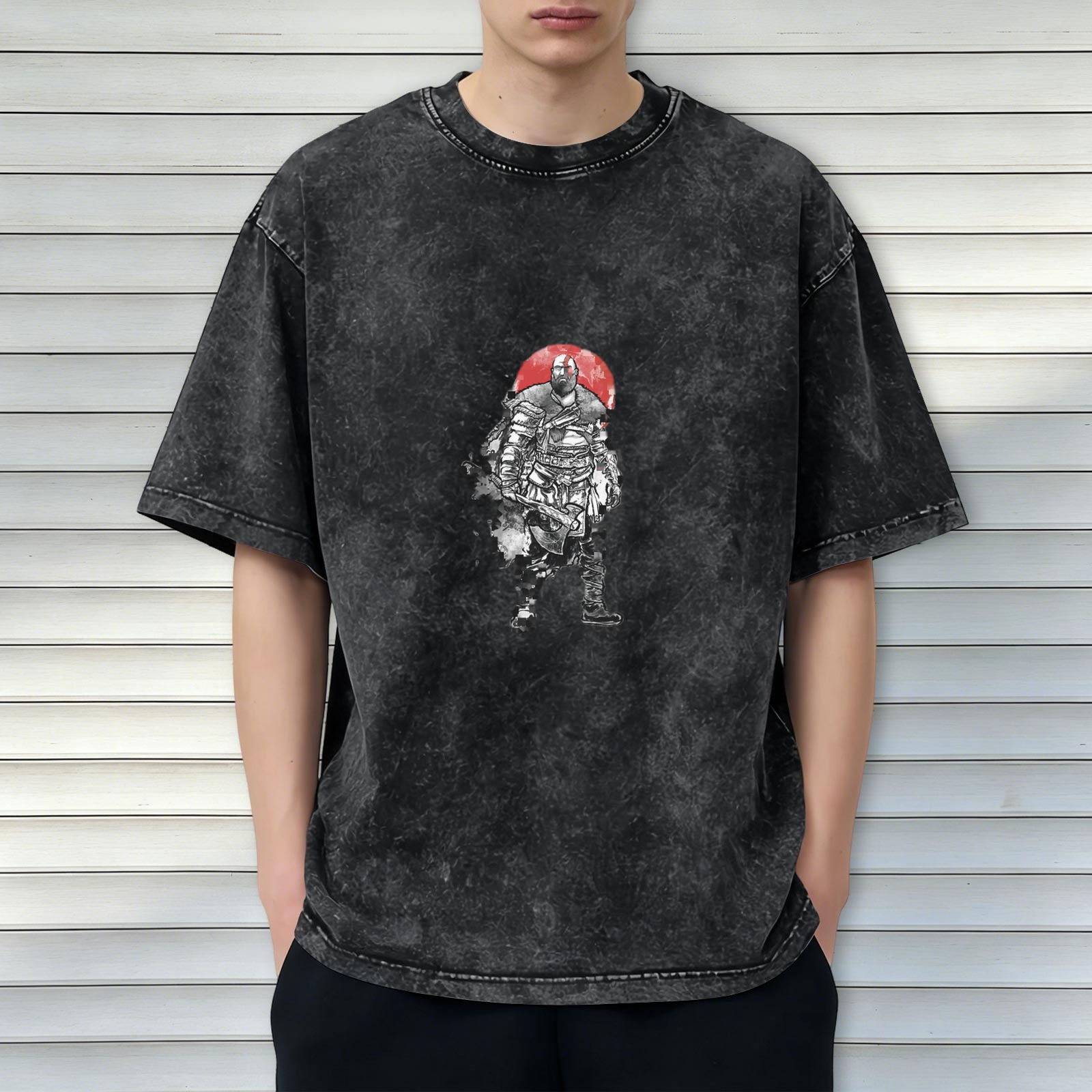 Washed Black Graphic T-Shirt With Spartan Warrior Print