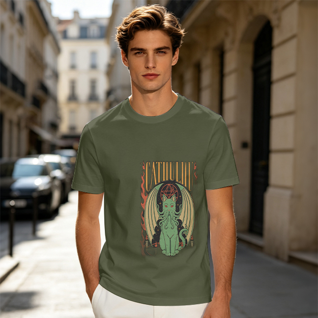Olive T-shirt with Cthulhu Cat Graphic Print