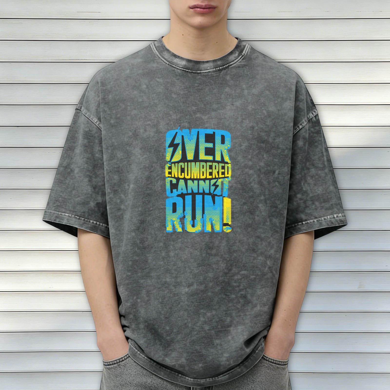 Over Encumbered Cannot Run Graphic Dark Wash T-Shirt