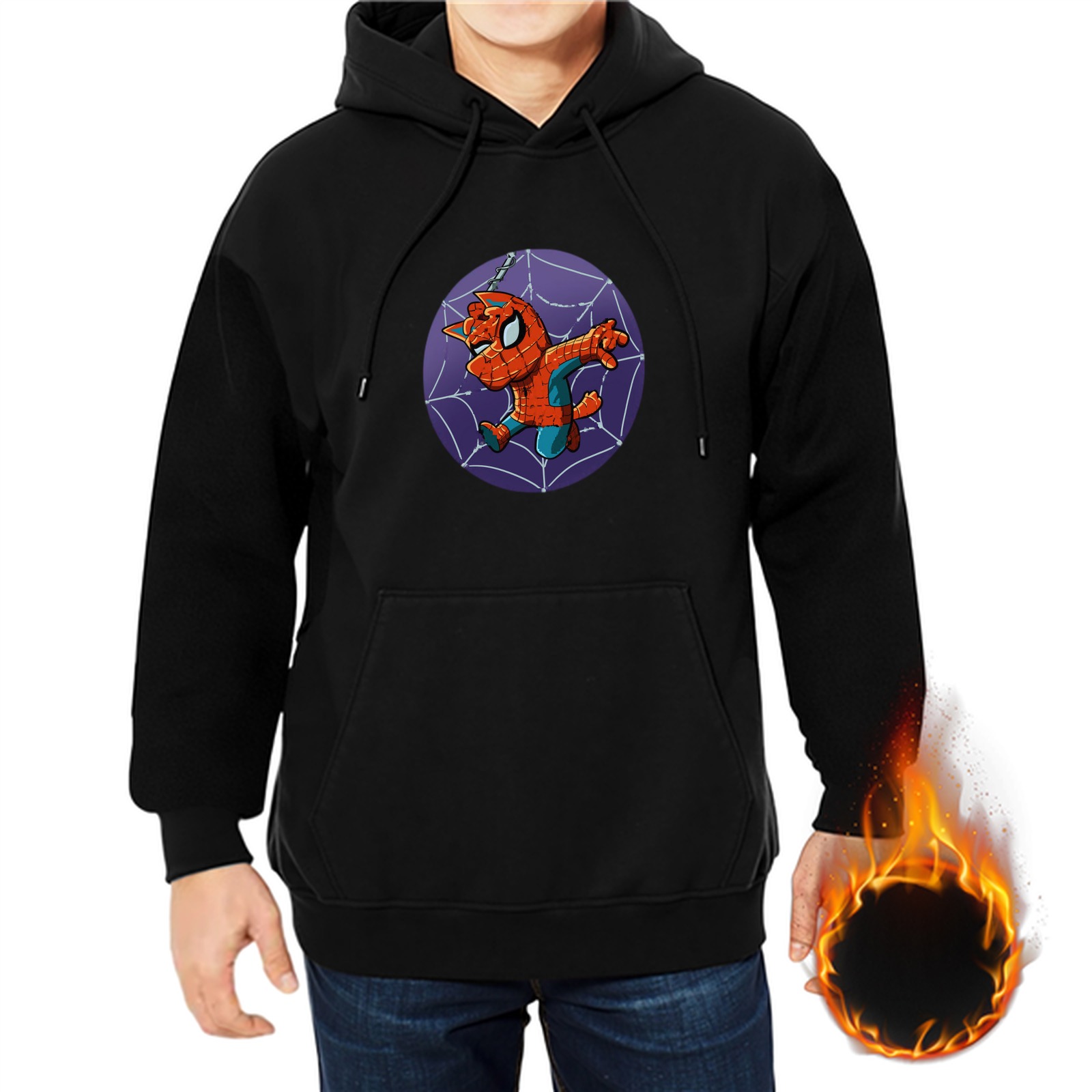 Black hoodie with cute Spider-Cat swinging on web graphic